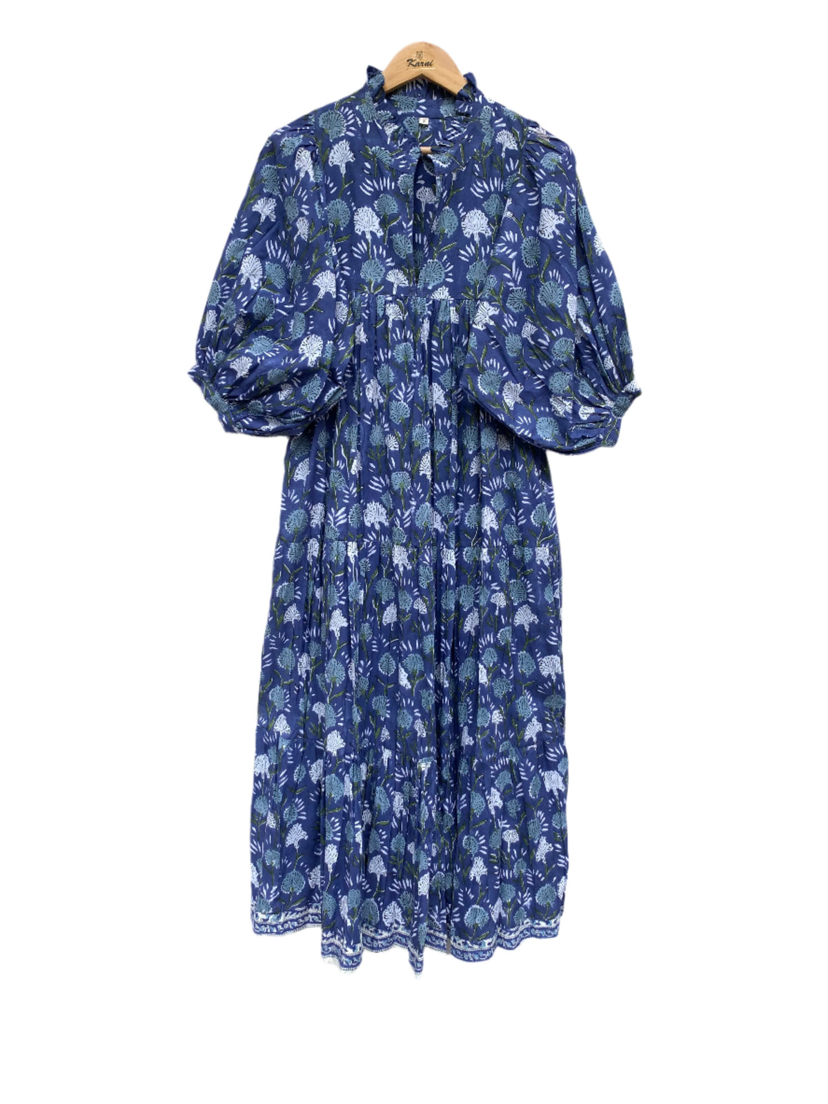 ethnic floral block printed blue maxi dress