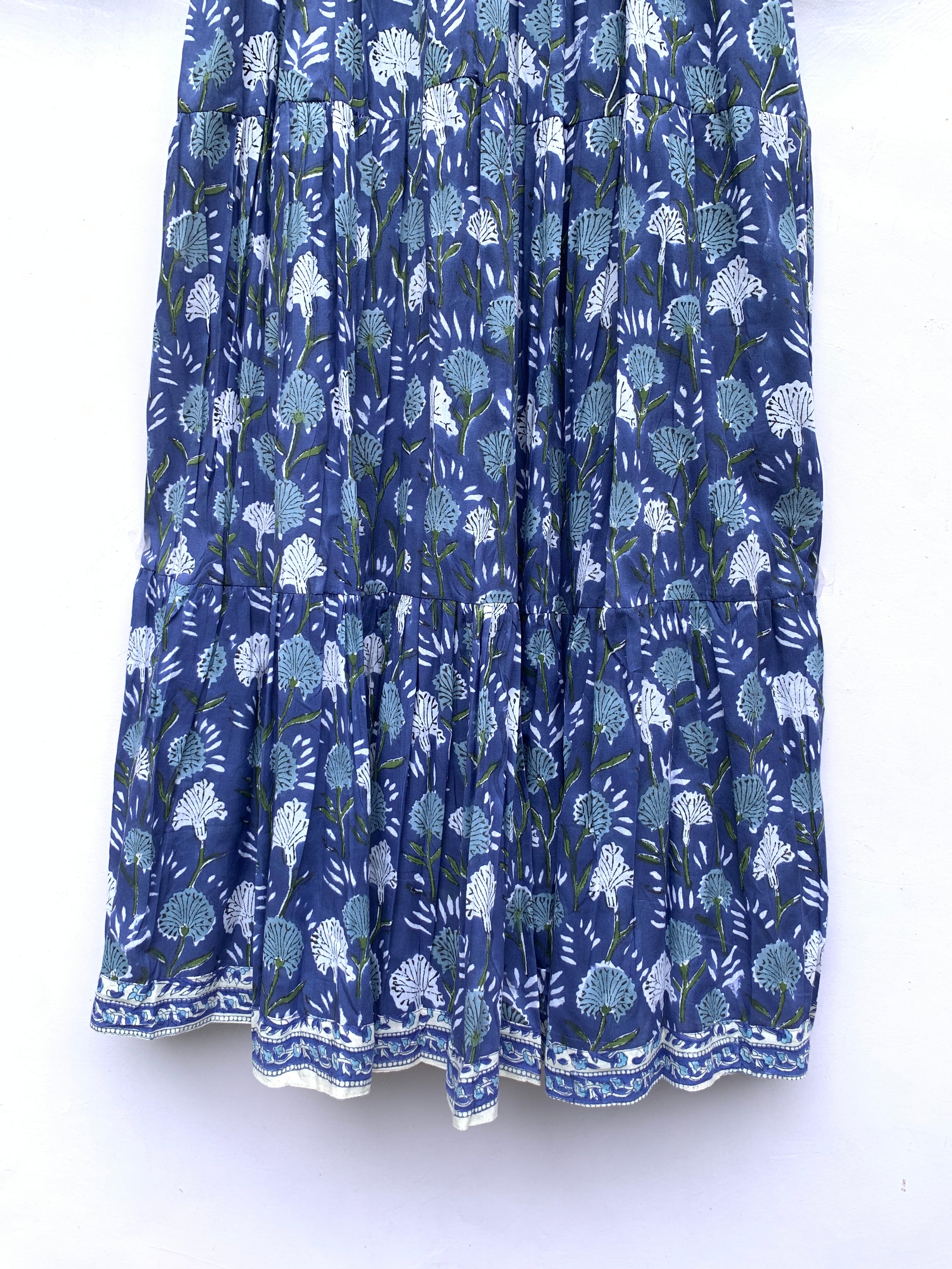 ethnic floral block printed blue maxi dress