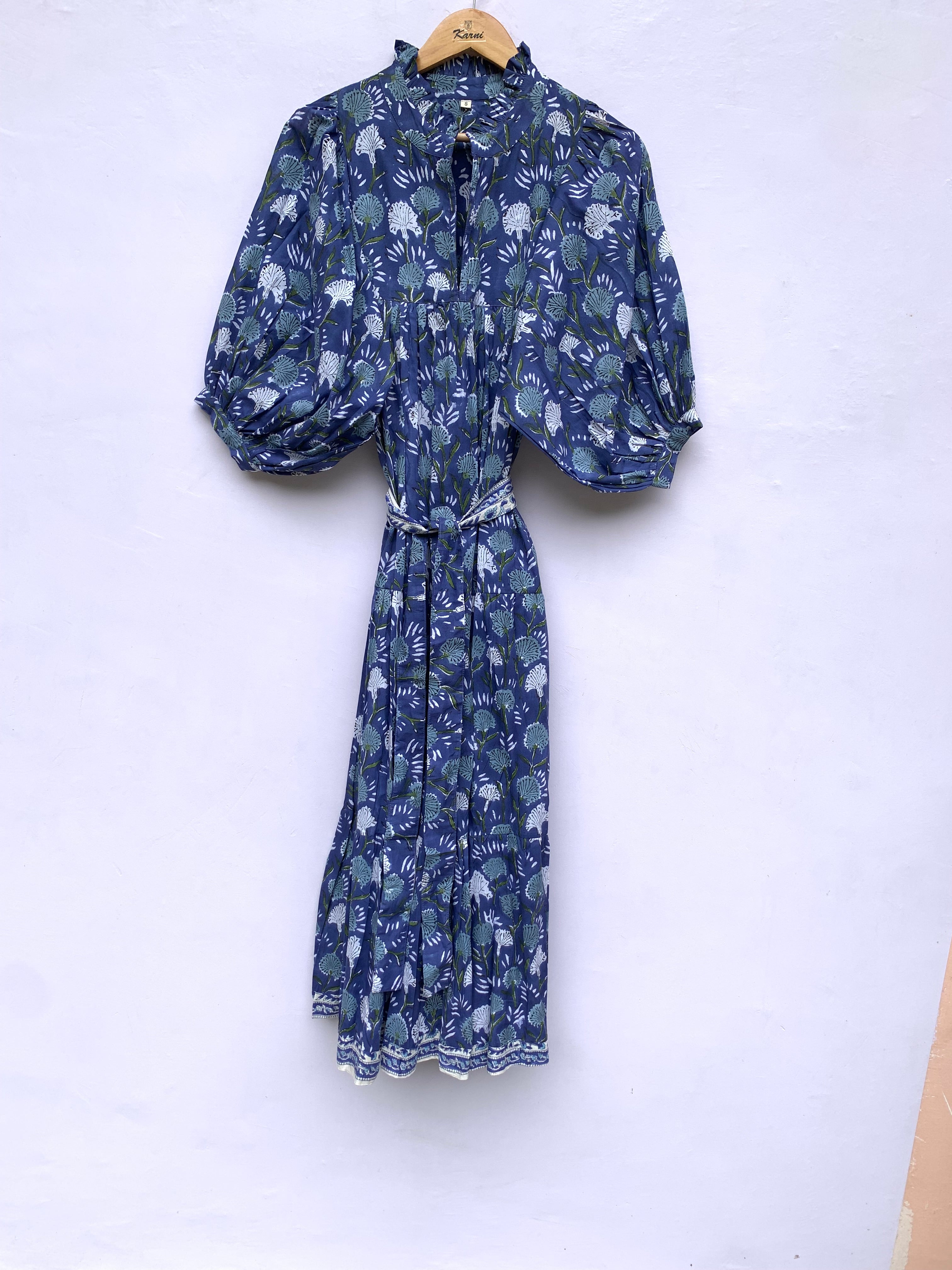 ethnic floral block printed blue maxi dress