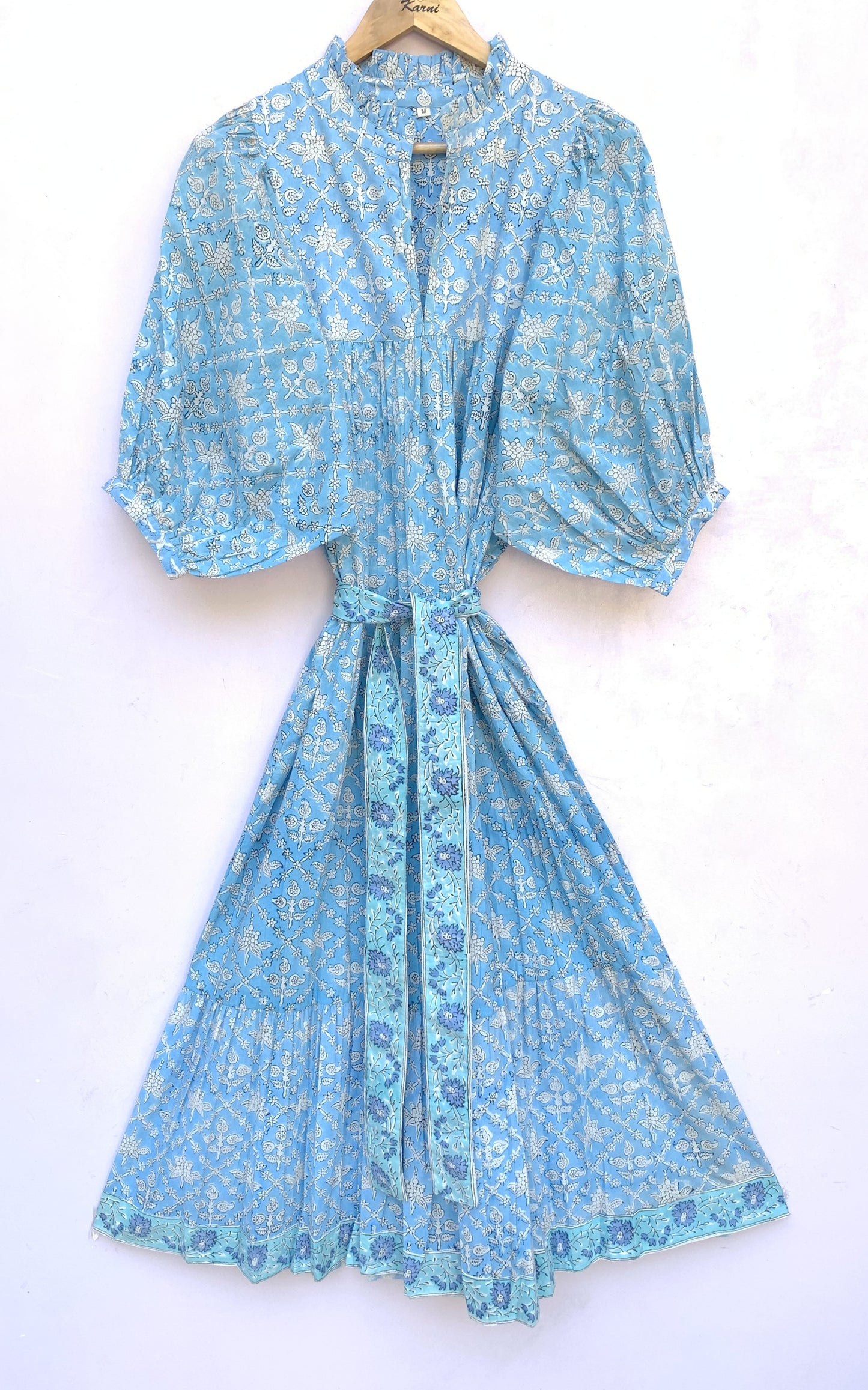 summer cotton blue floral pattern block printed women's maxi dress