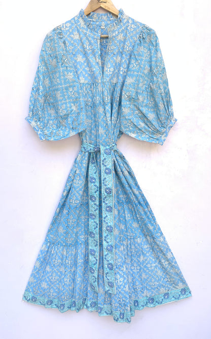 summer cotton blue floral pattern block printed women's maxi dress