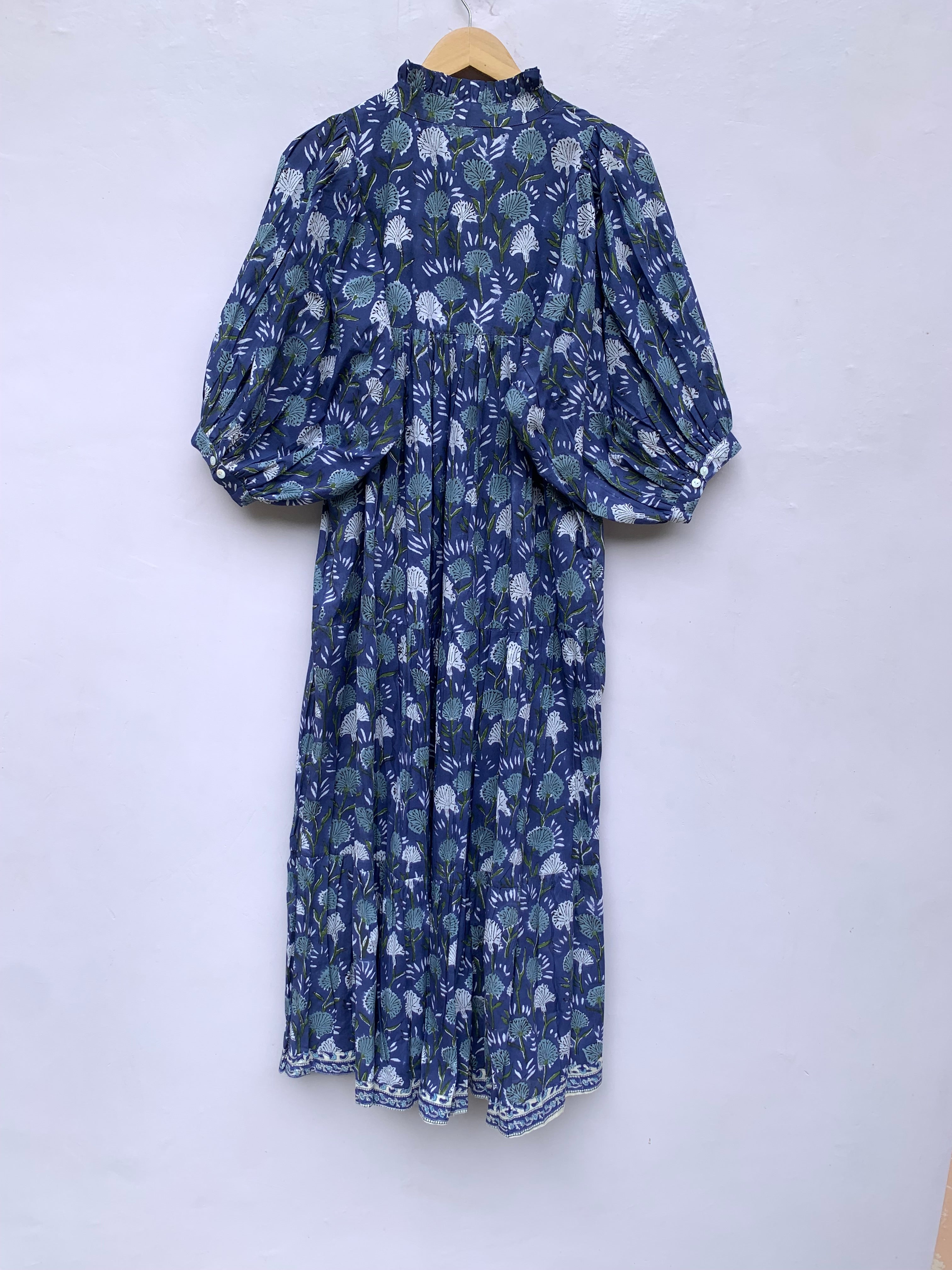 ethnic floral block printed blue maxi dress