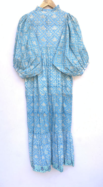 summer cotton blue floral pattern block printed women's maxi dress