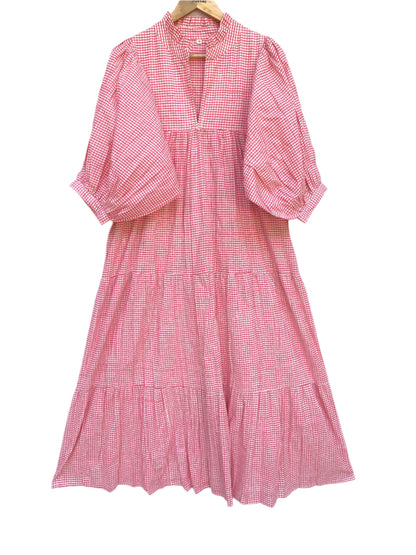 cotton pink checks printed women's long maxi dress - frill collar with belt maxi dress