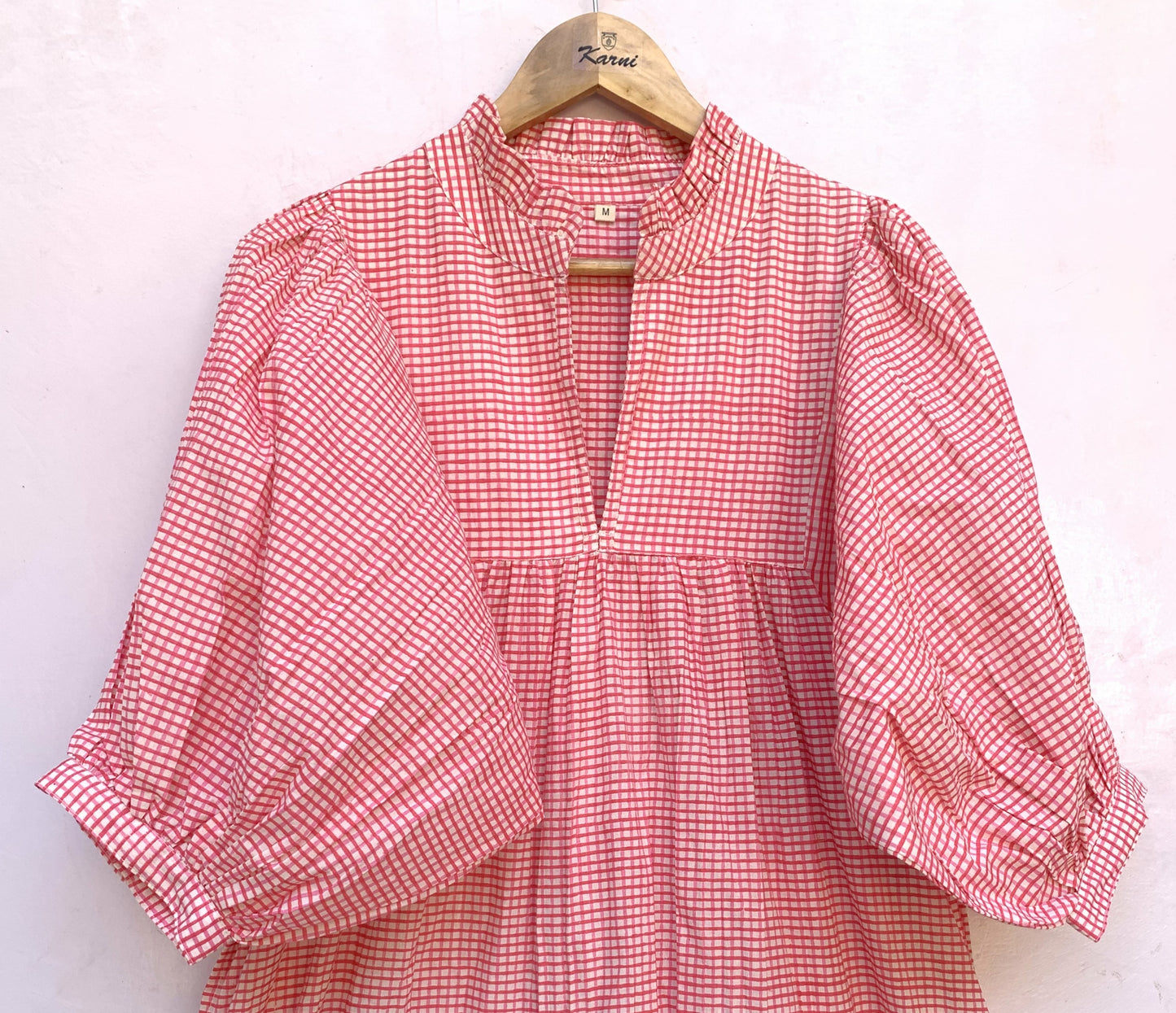 cotton pink checks printed women's long maxi dress - frill collar with belt maxi dress