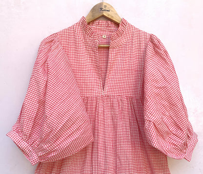 cotton pink checks printed women's long maxi dress - frill collar with belt maxi dress