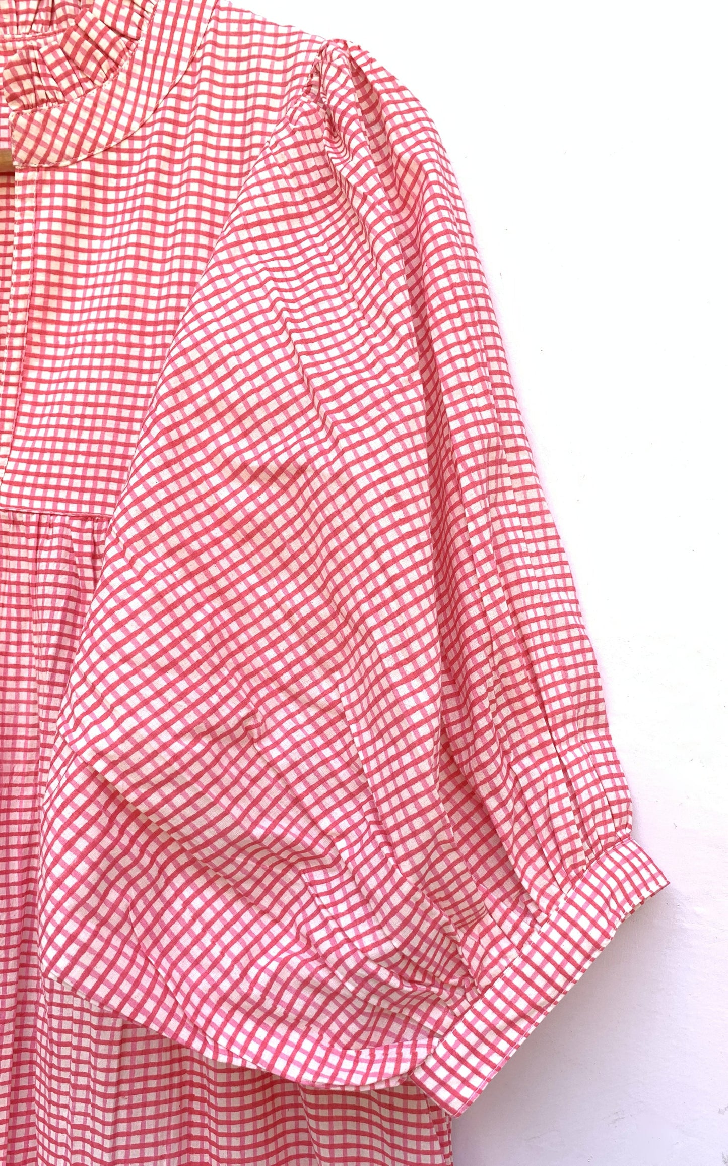 cotton pink checks printed women's long maxi dress - frill collar with belt maxi dress