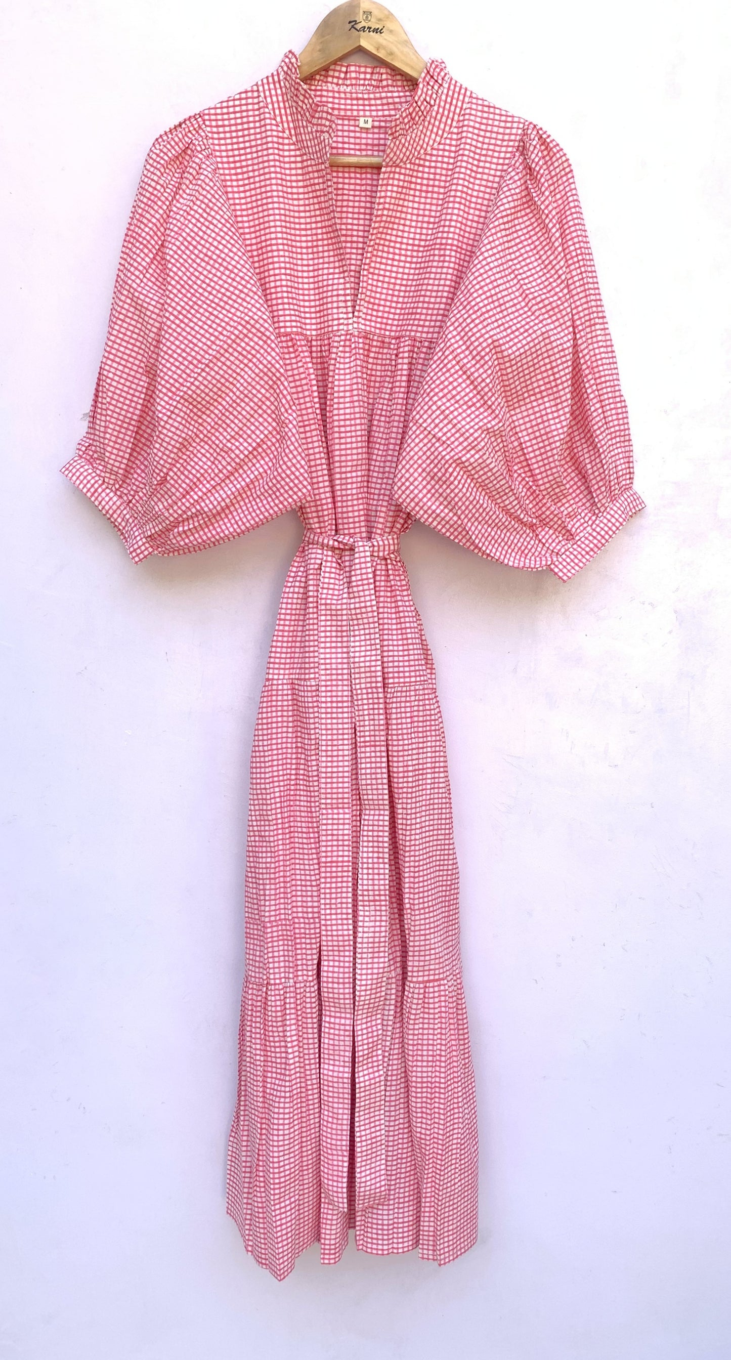 cotton pink checks printed women's long maxi dress - frill collar with belt maxi dress