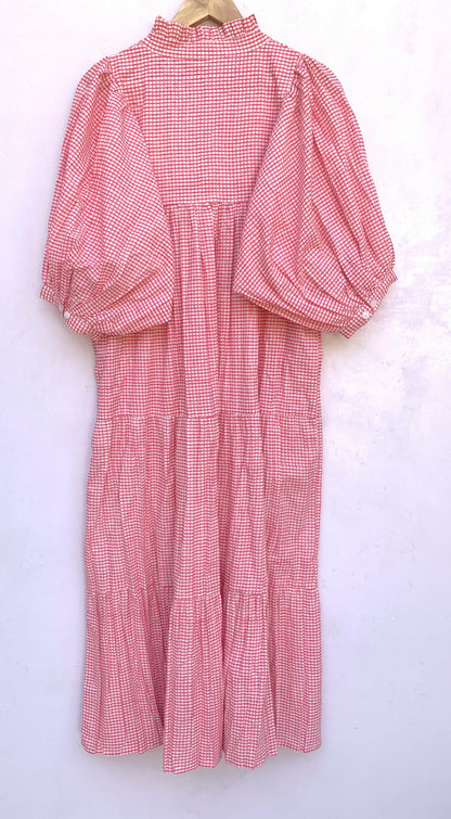 cotton pink checks printed women's long maxi dress - frill collar with belt maxi dress