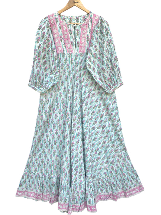 cotton blue-pink floral block printed women's maxi dress