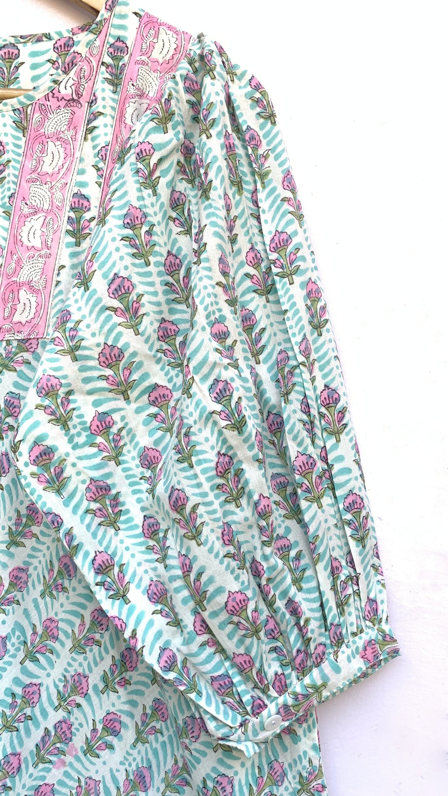 cotton blue-pink floral block printed women's maxi dress