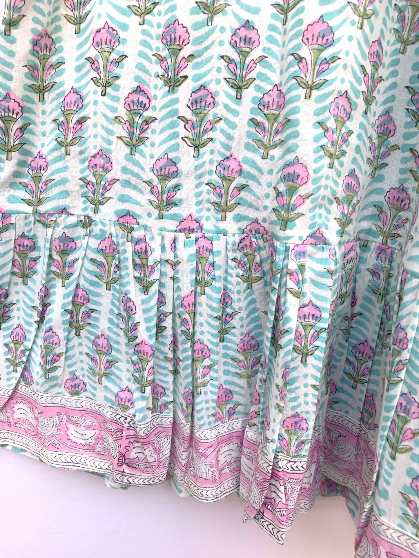cotton blue-pink floral block printed women's maxi dress