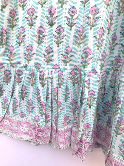 cotton blue-pink floral block printed women's maxi dress