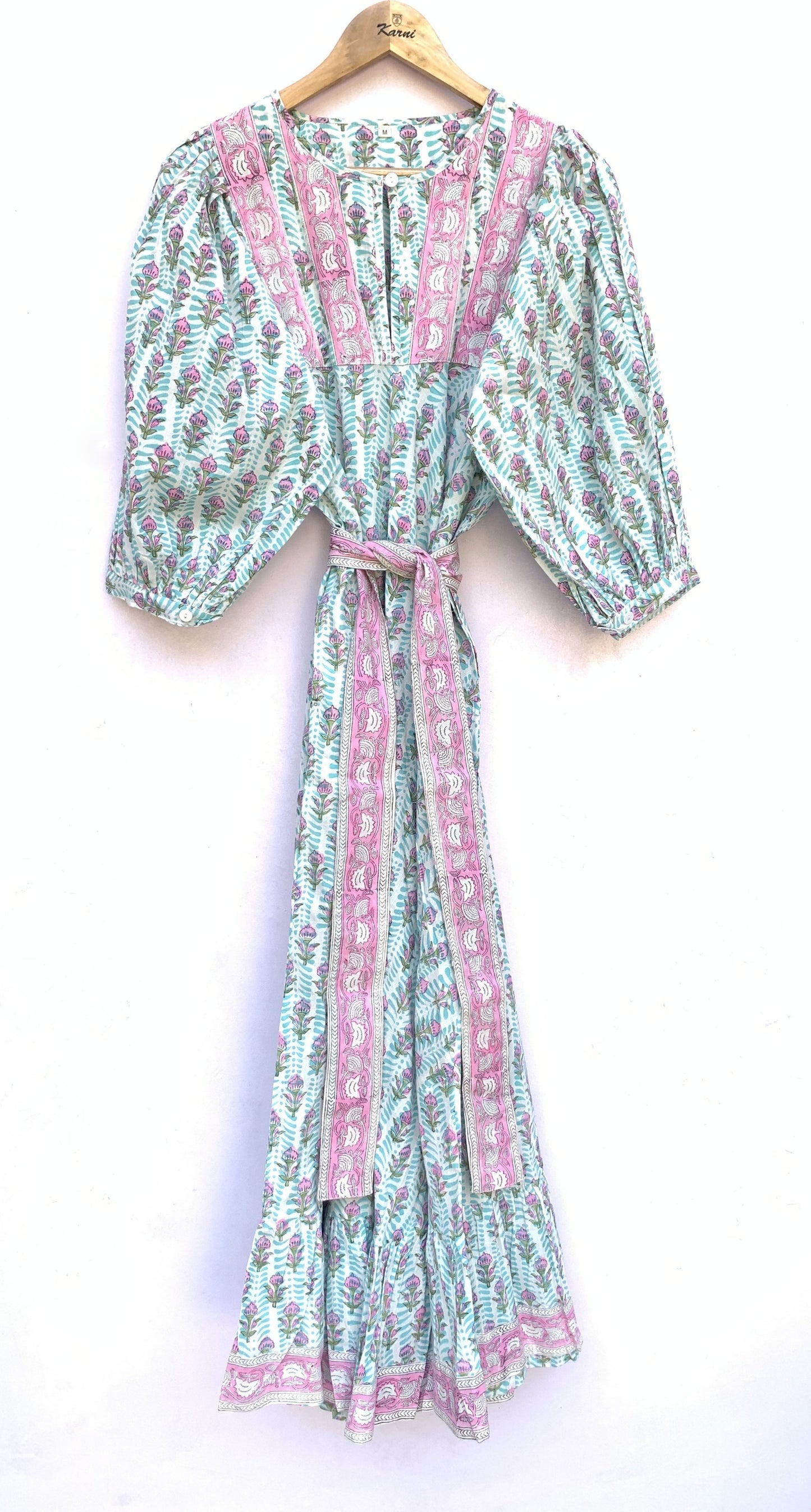 cotton blue-pink floral block printed women's maxi dress