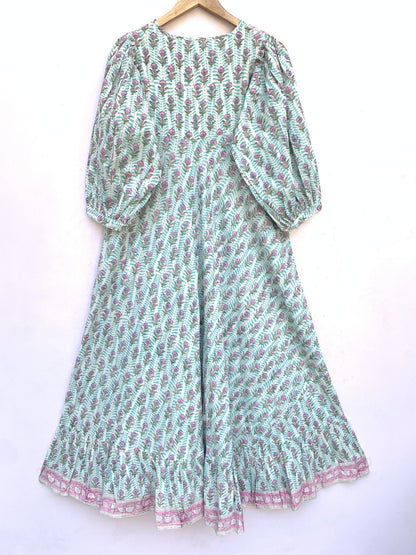 cotton blue-pink floral block printed women's maxi dress