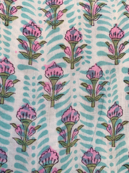 cotton blue-pink floral block printed women's maxi dress