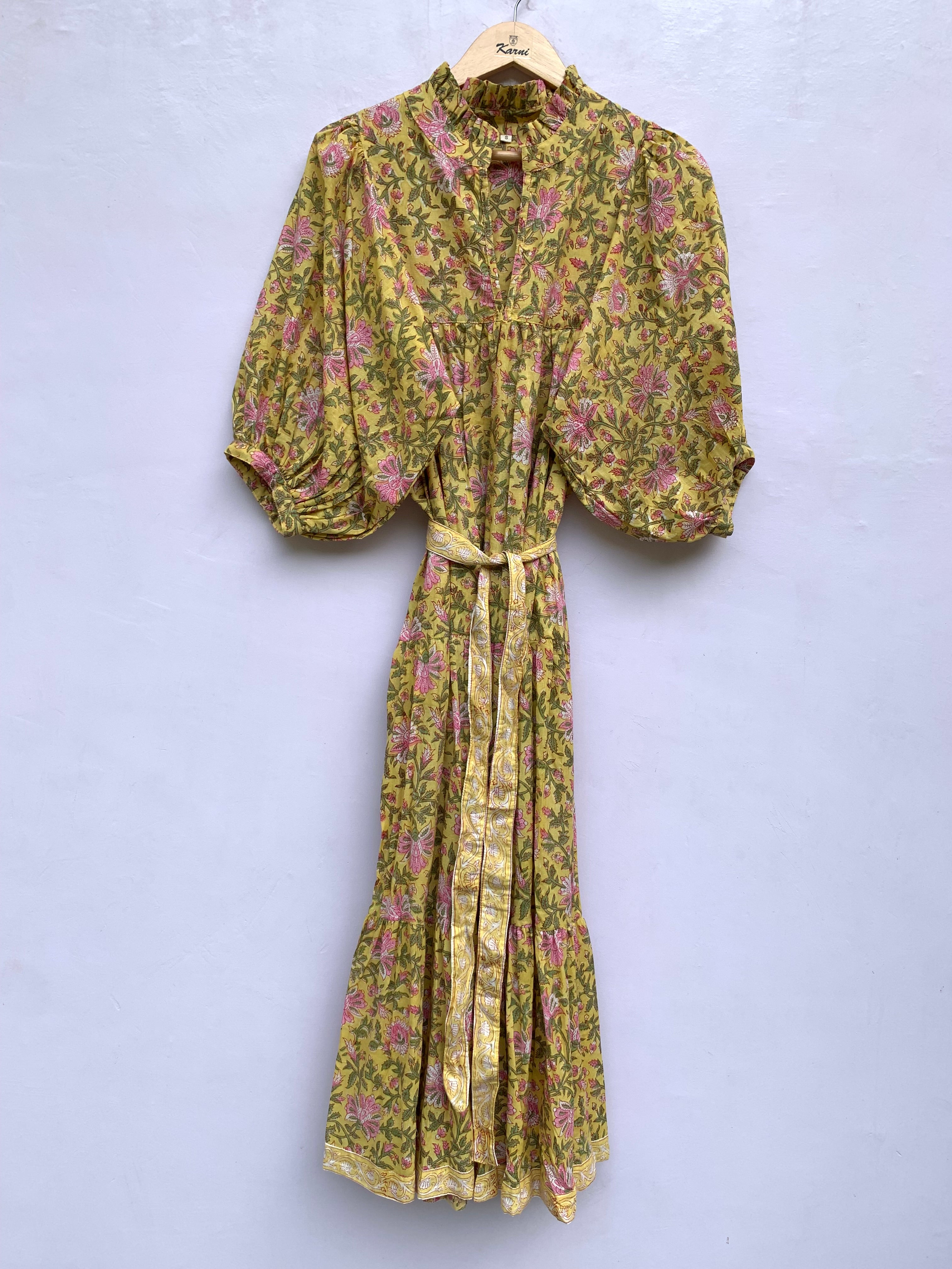 yellow summer floral block printed maxi dress