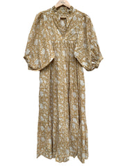 vintage beige block printed floral maxi gown