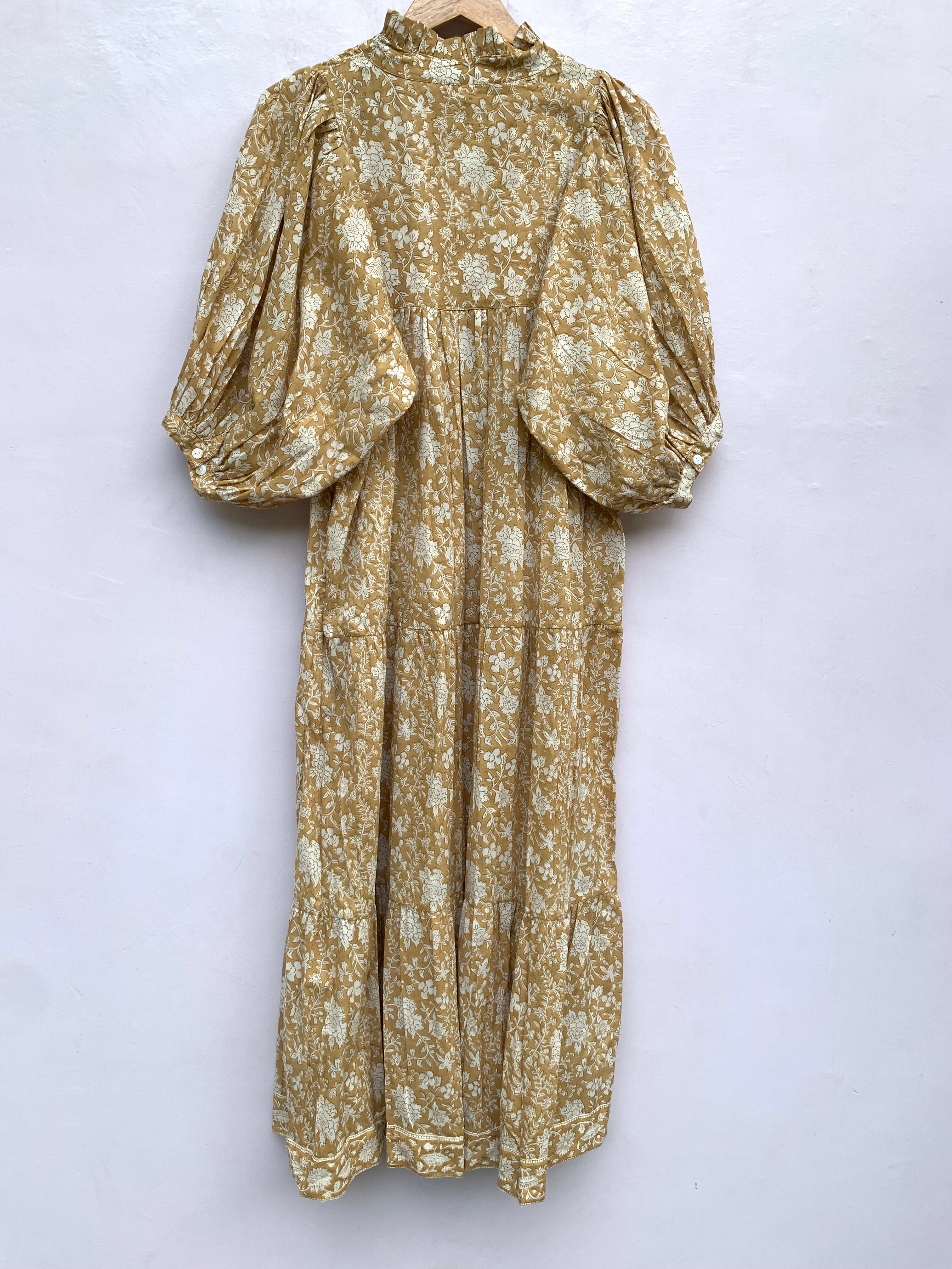 vintage beige block printed floral maxi gown