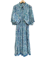 blue floral screen printed caftan maxi dress