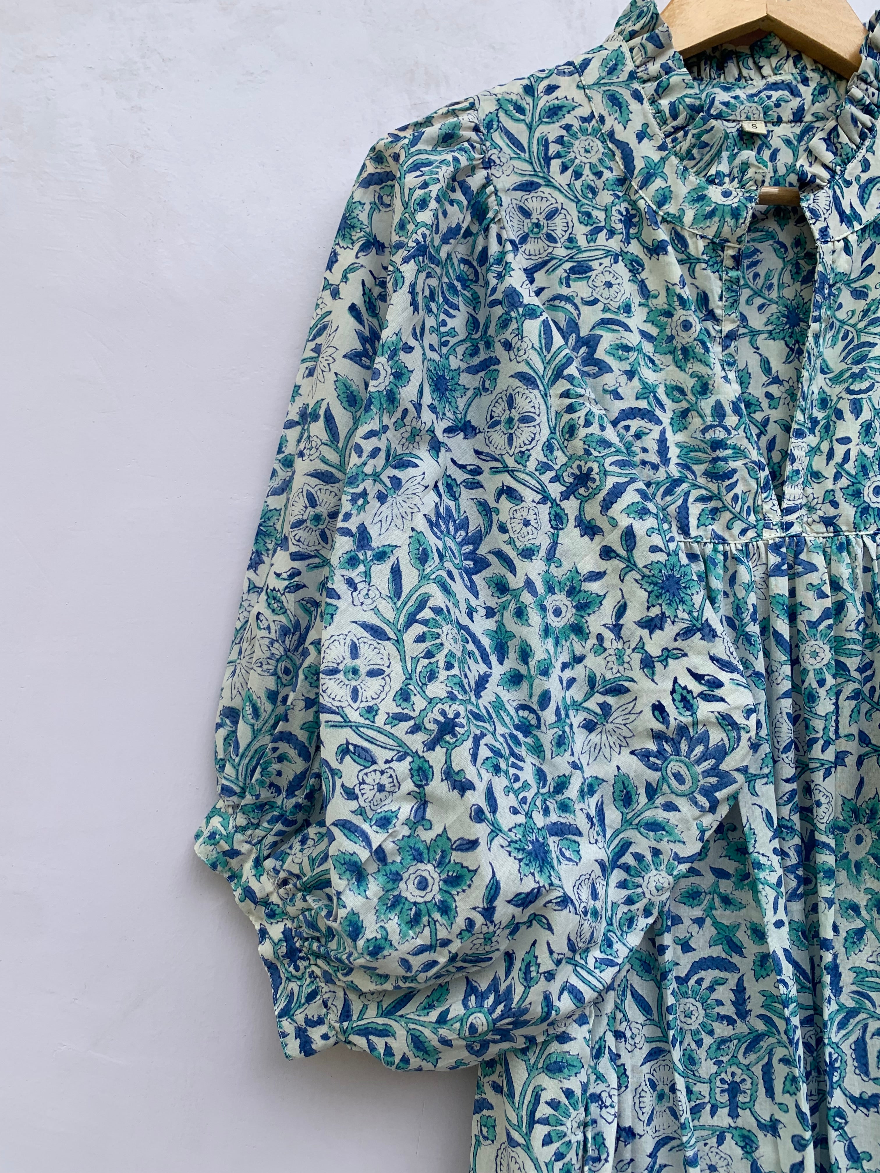 blue floral screen printed caftan maxi dress