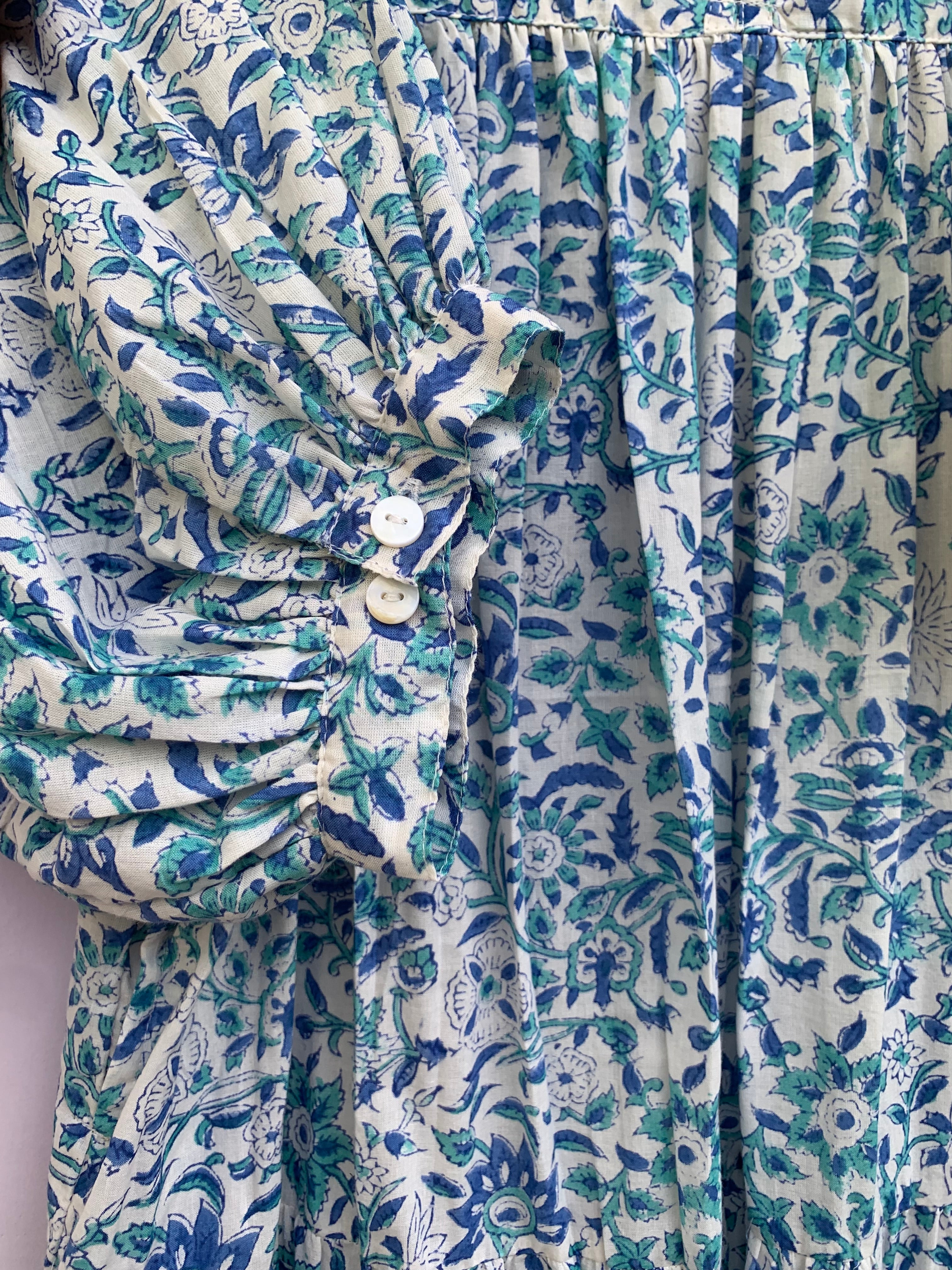 blue floral screen printed caftan maxi dress