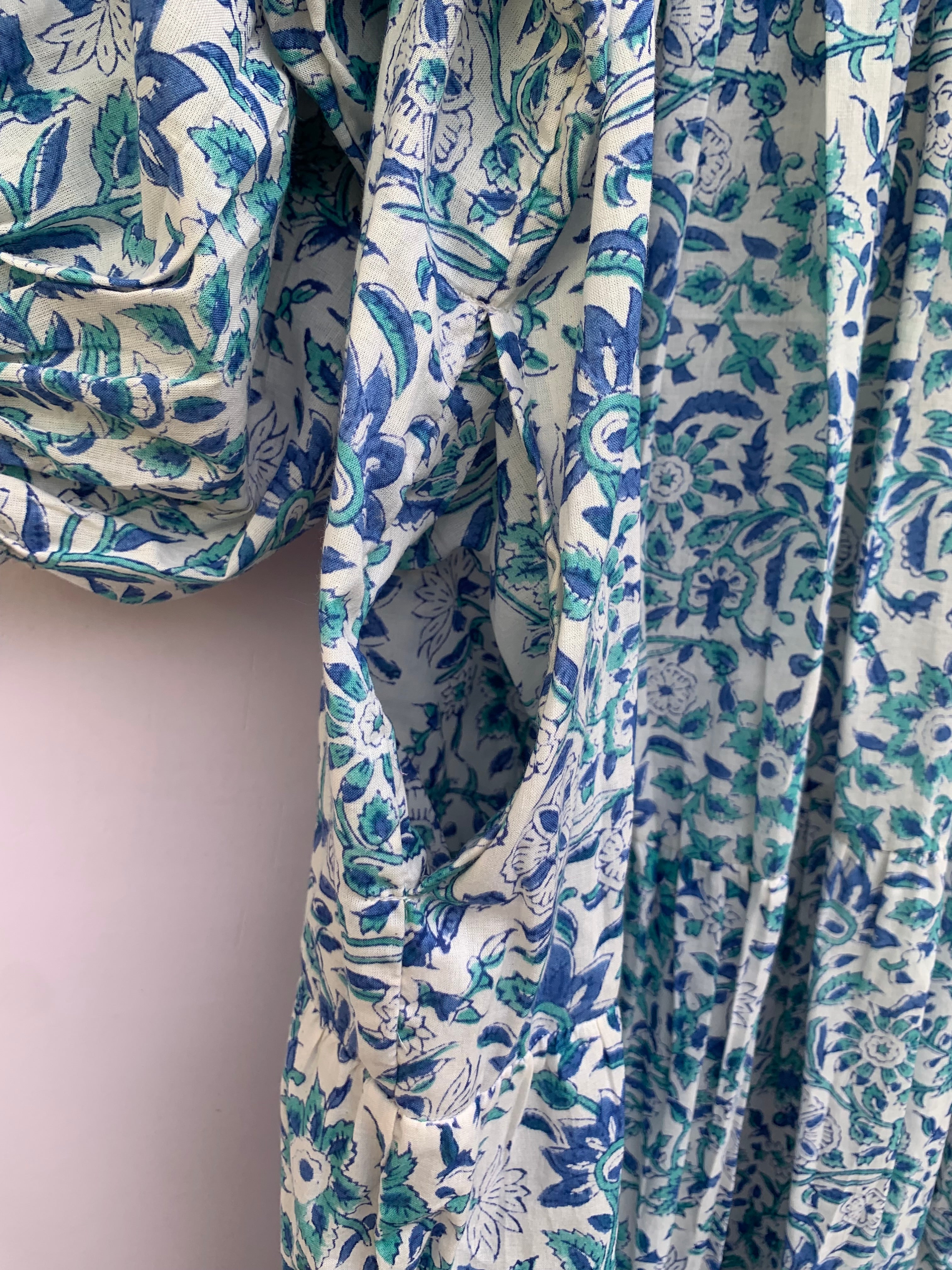 blue floral screen printed caftan maxi dress