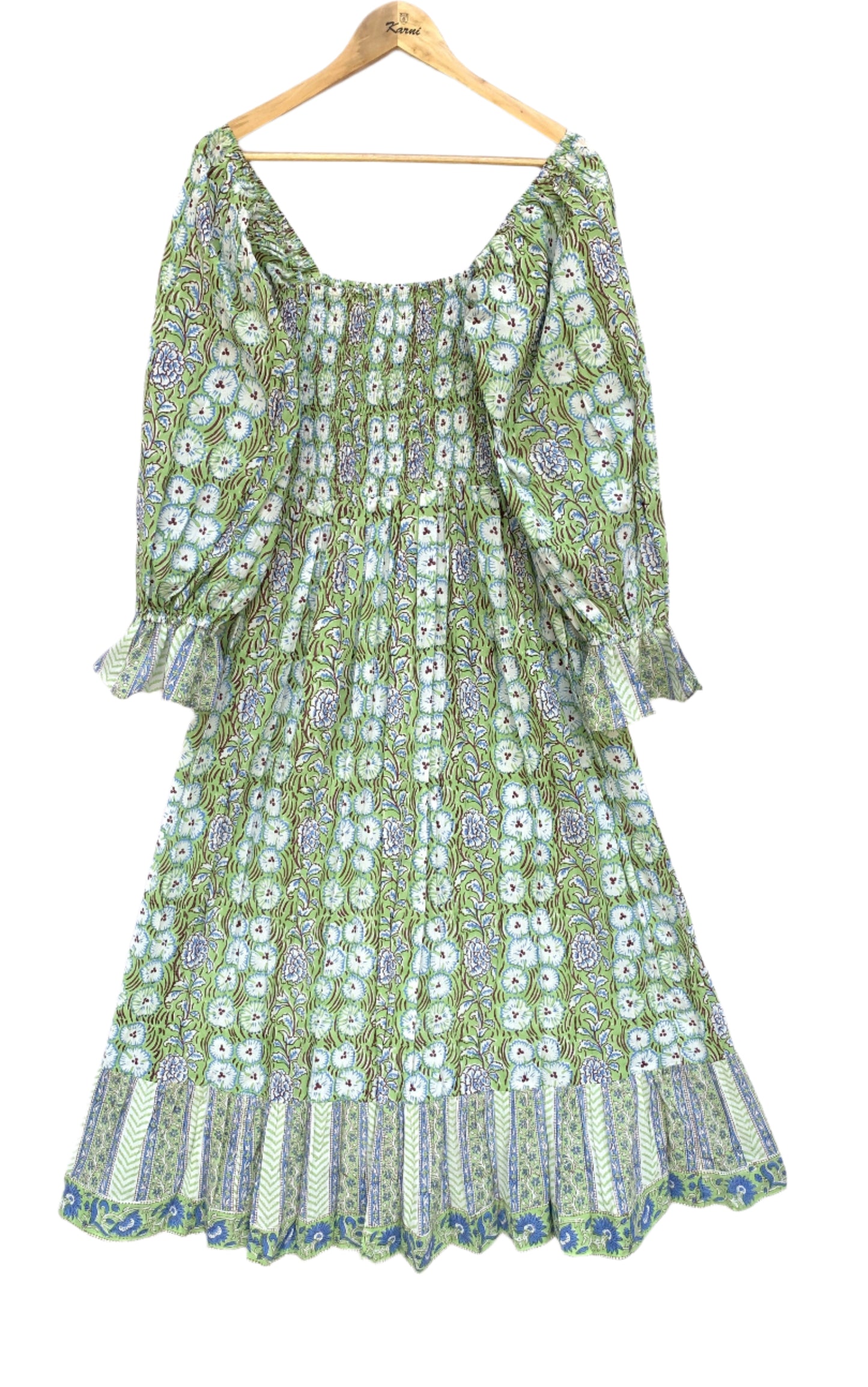 bohemian green plant printed women's maxi dress - long sleeves bobbin maxi
