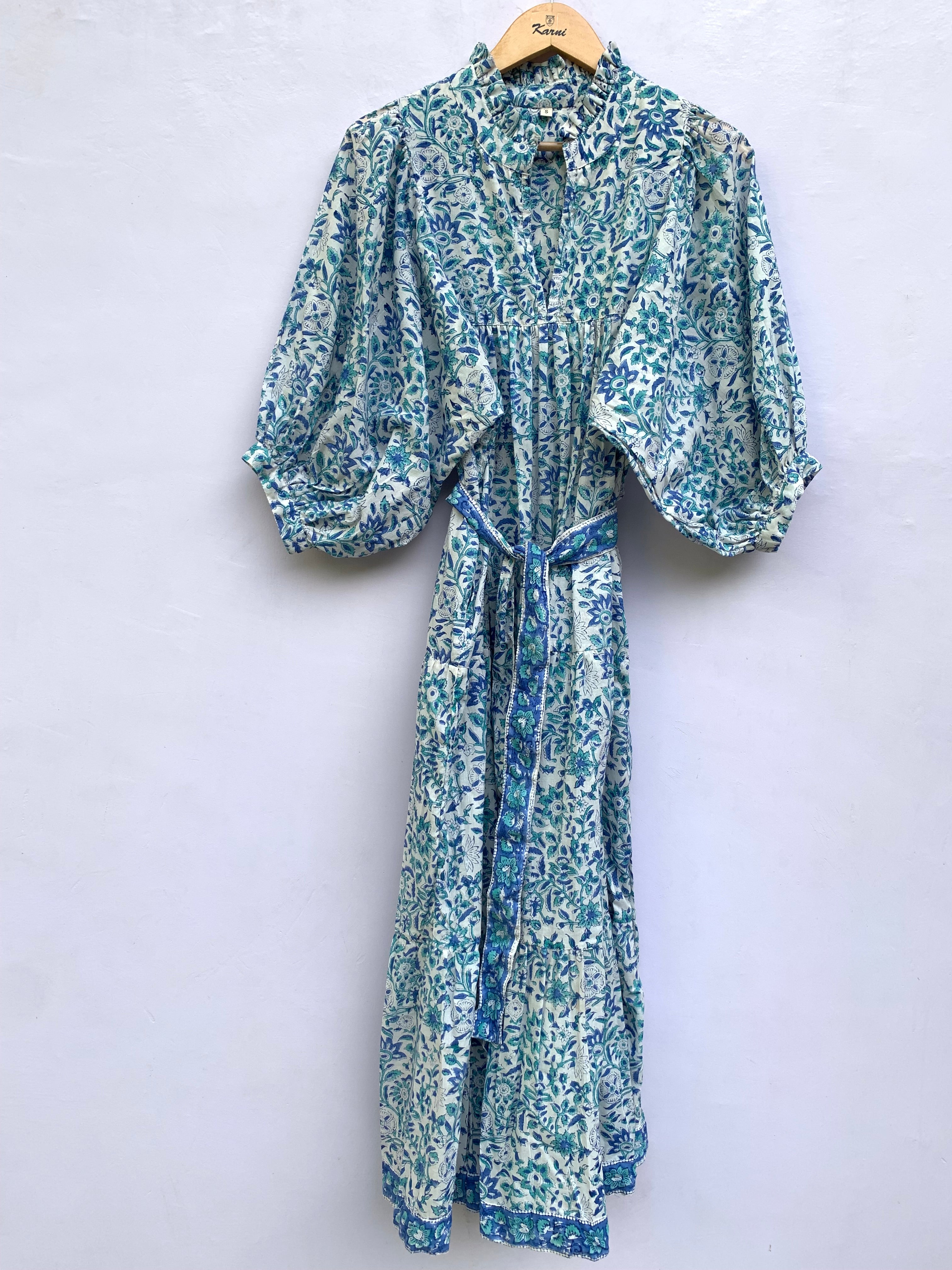 blue floral screen printed caftan maxi dress