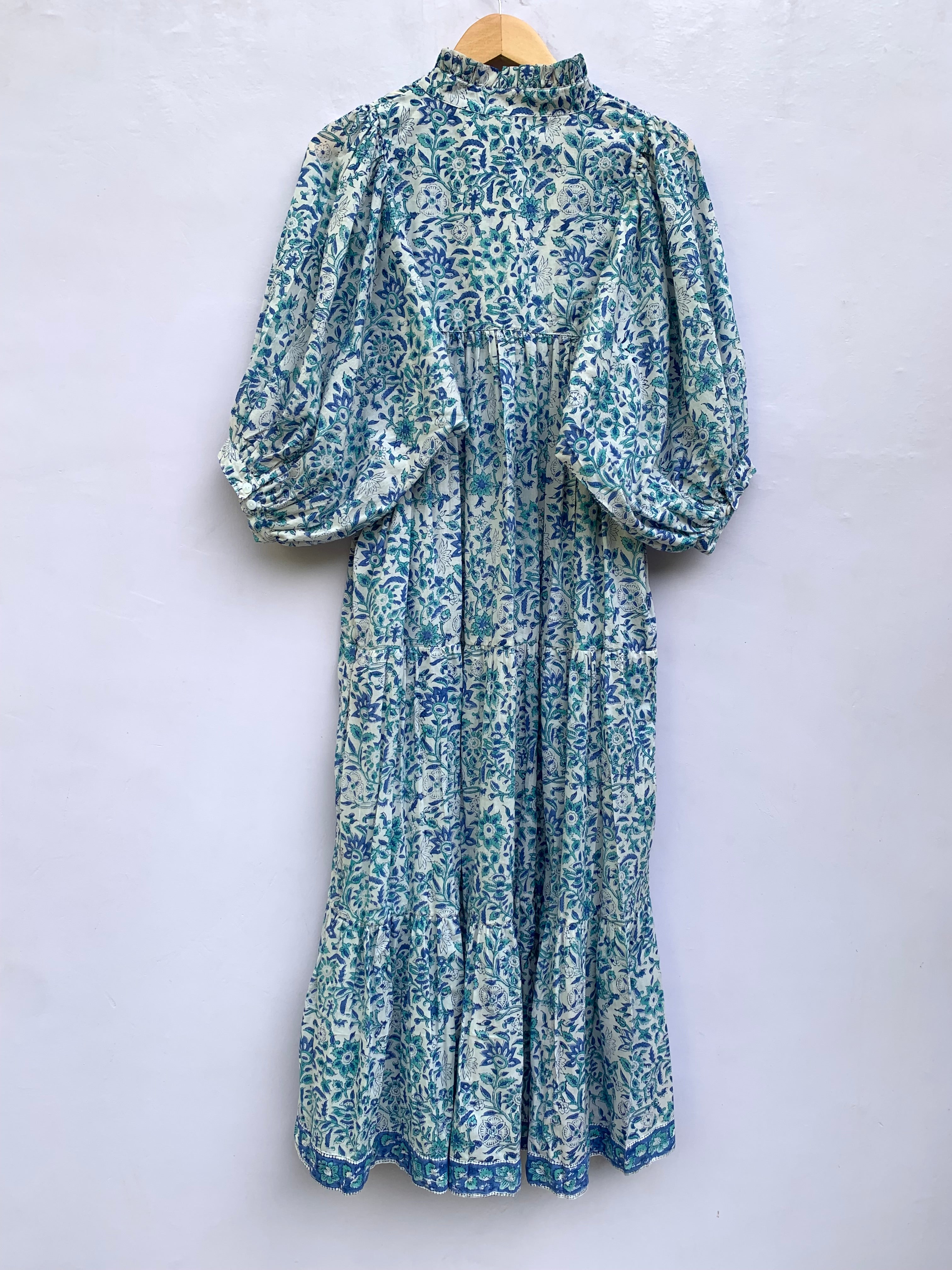 blue floral screen printed caftan maxi dress