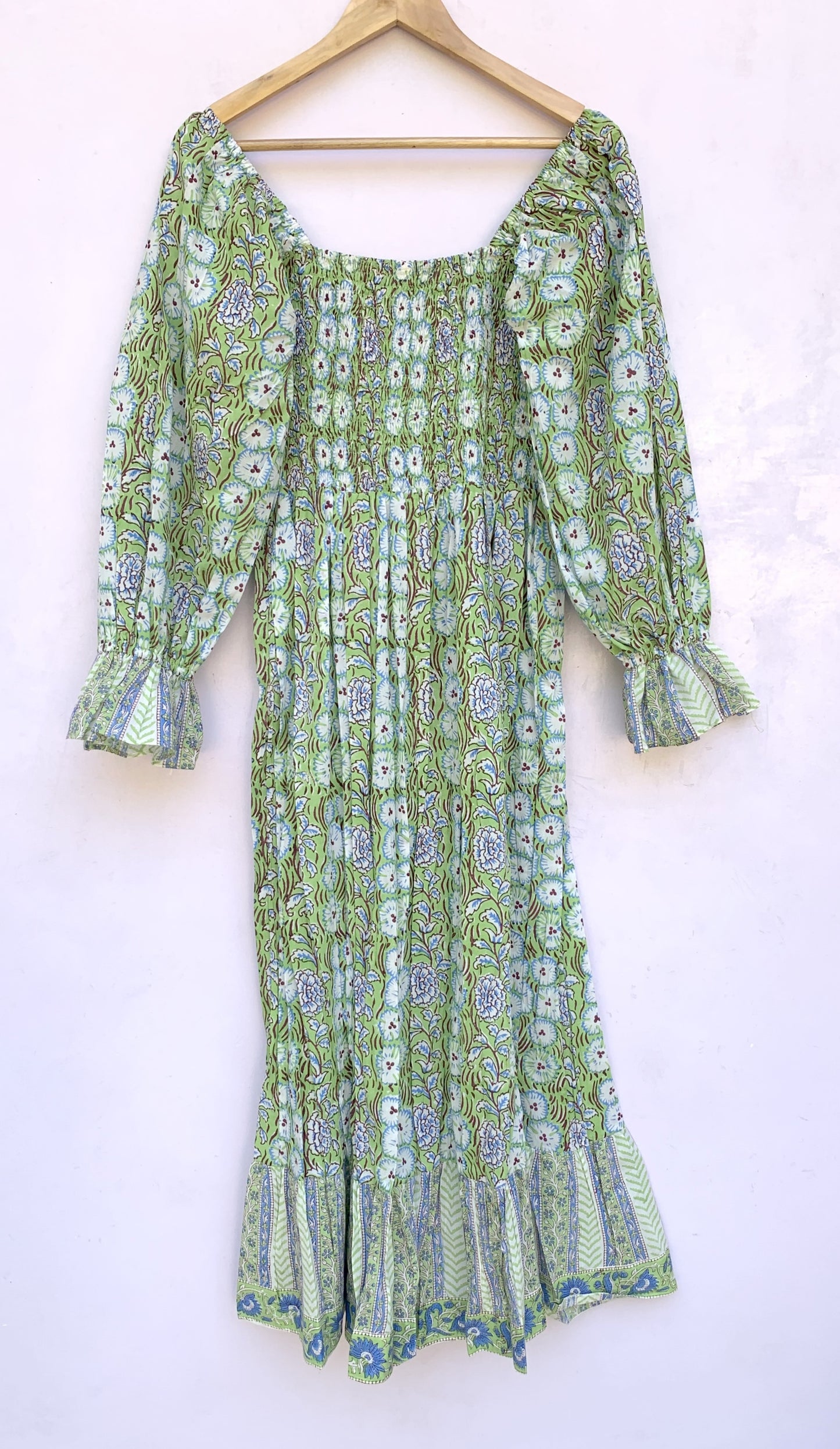 bohemian green plant printed women's maxi dress - long sleeves bobbin maxi