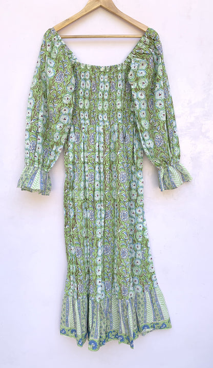 bohemian green plant printed women's maxi dress - long sleeves bobbin maxi