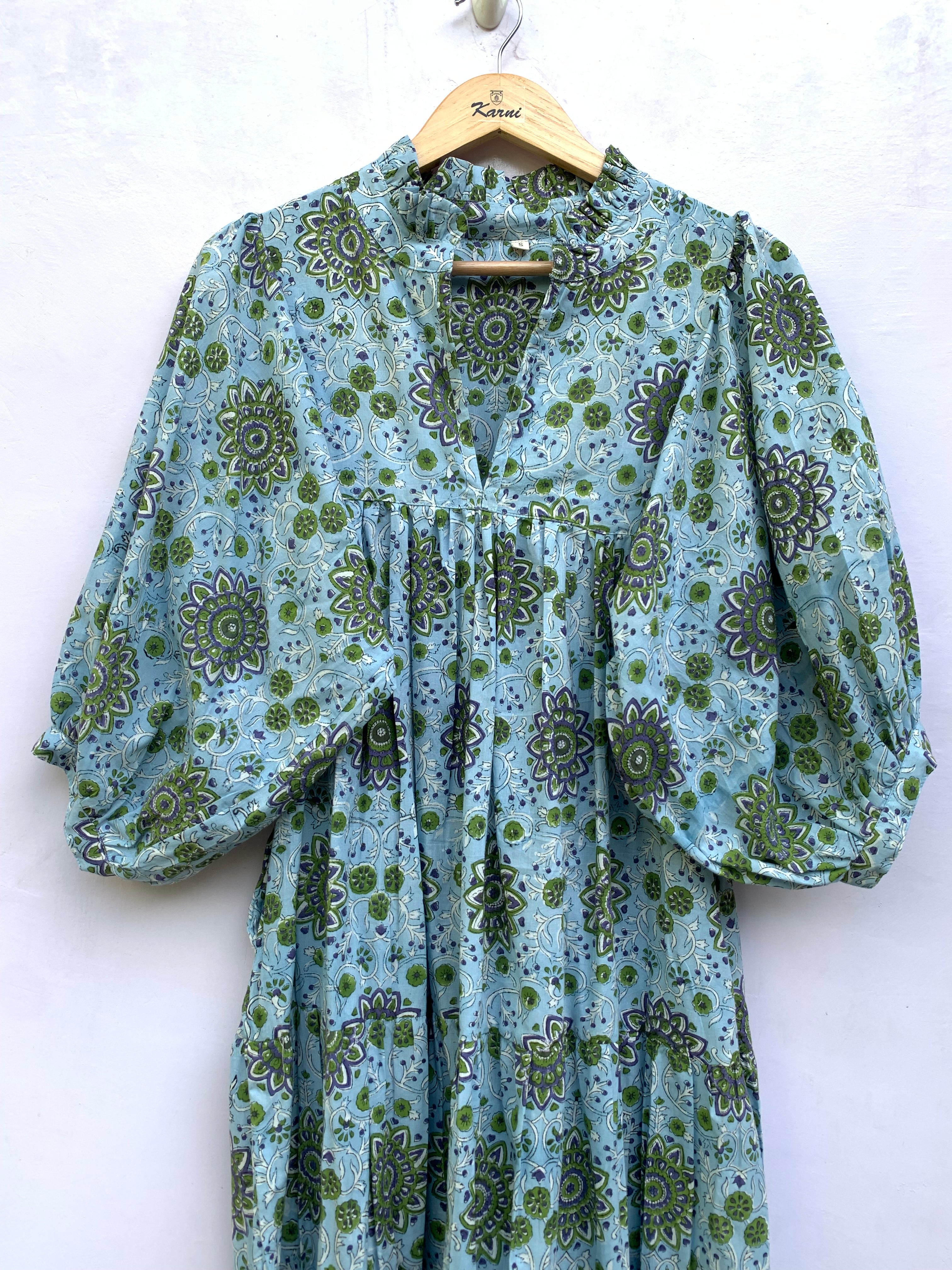 women's blue green block printed floral maxi dress