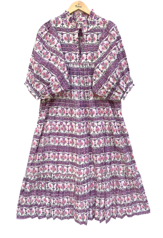 indian purple green floral hand block printed women's maxi dress