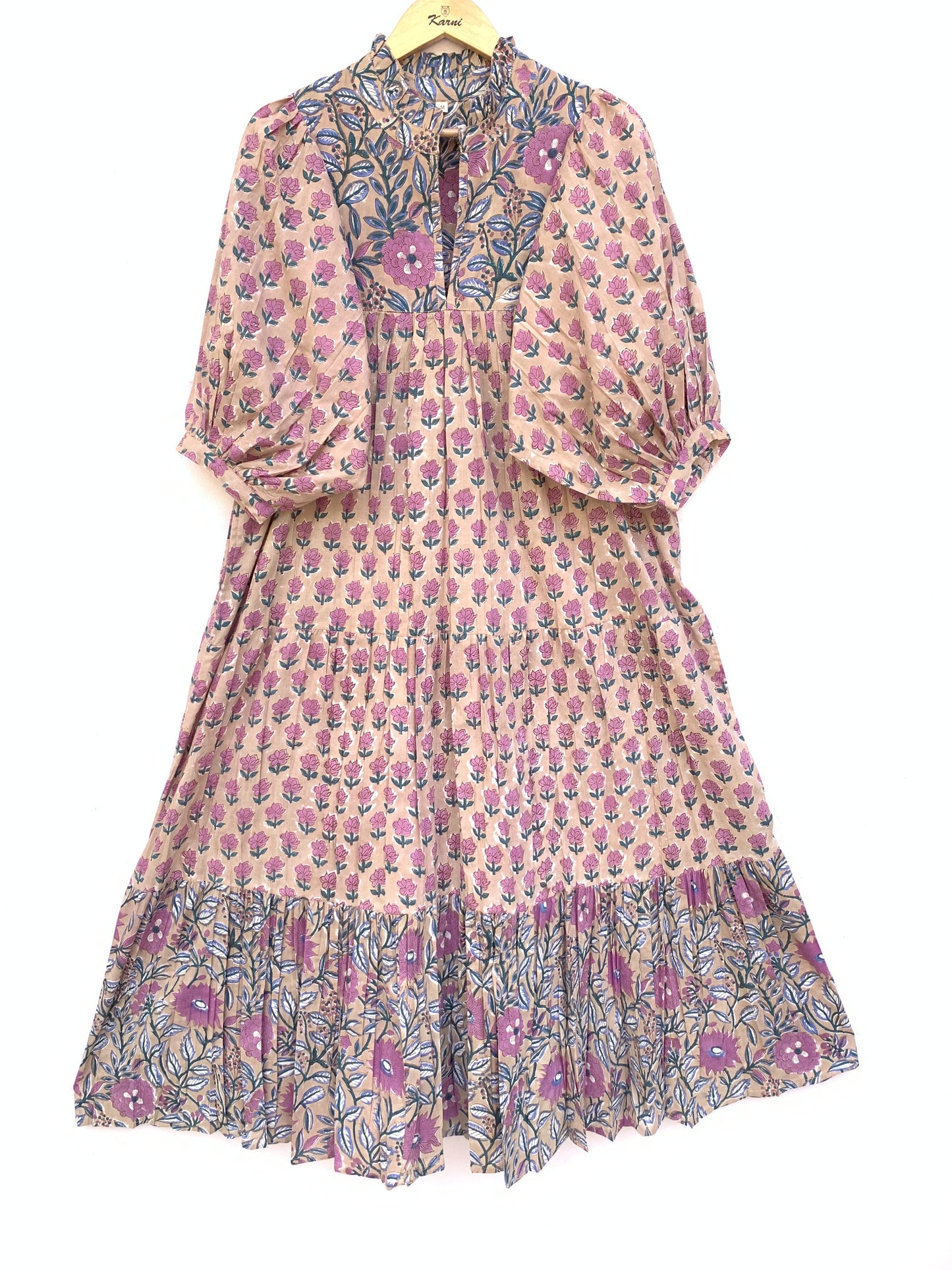 cotton brown multi floral hand block printed women's maxi dress