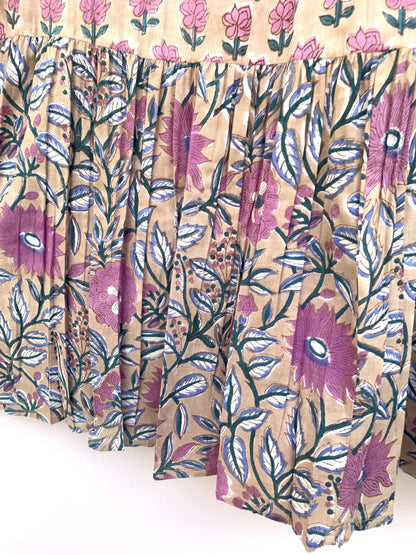 cotton brown multi floral hand block printed women's maxi dress