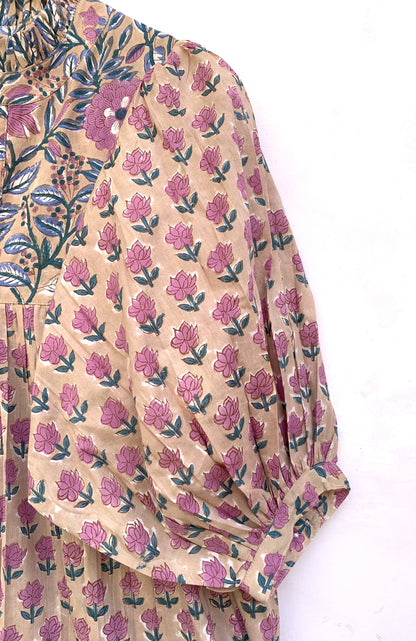 cotton brown multi floral hand block printed women's maxi dress