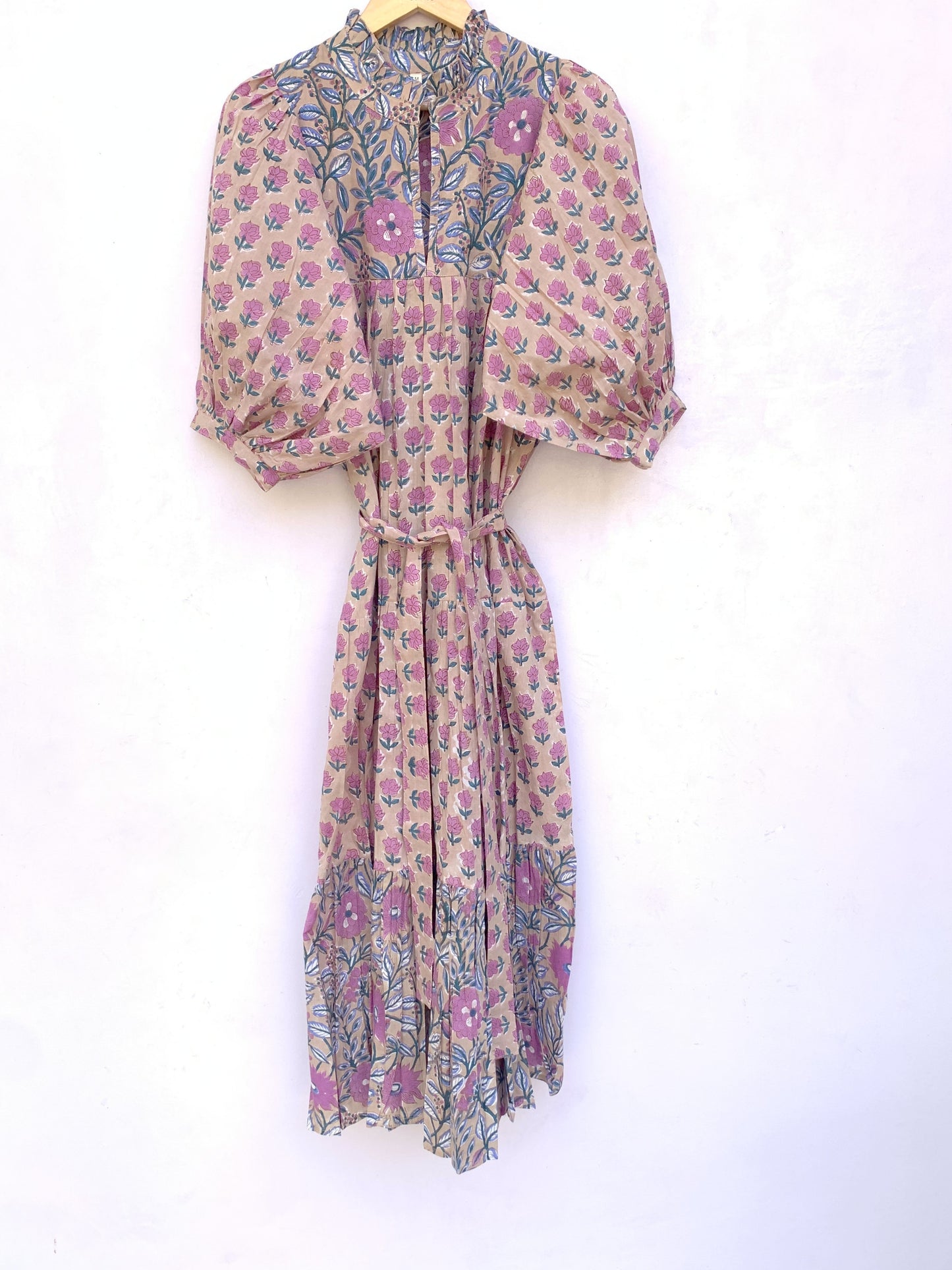 cotton brown multi floral hand block printed women's maxi dress