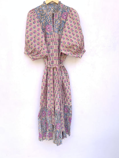 cotton brown multi floral hand block printed women's maxi dress