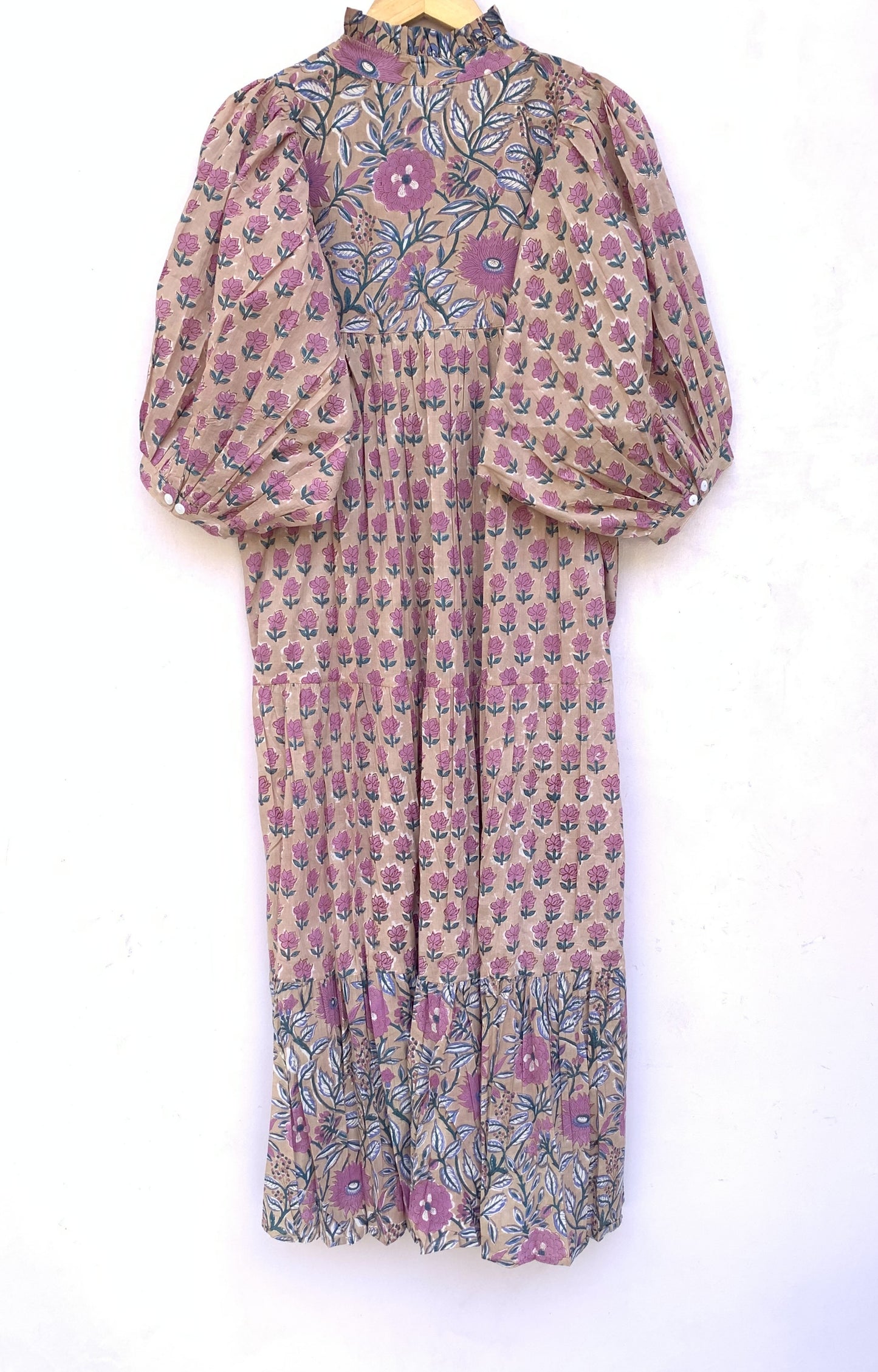 cotton brown multi floral hand block printed women's maxi dress