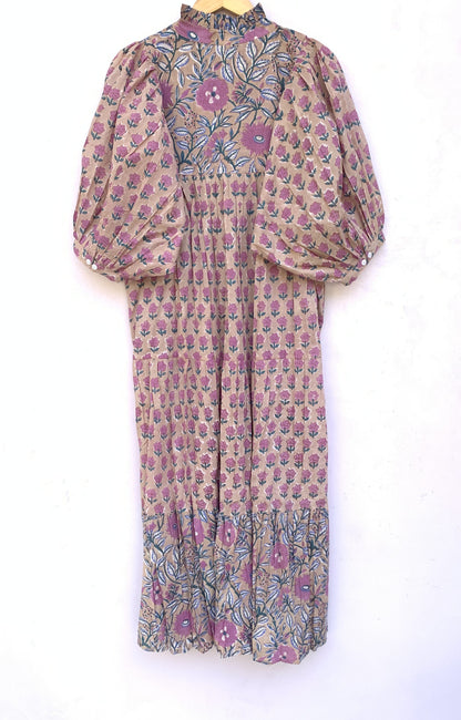 cotton brown multi floral hand block printed women's maxi dress