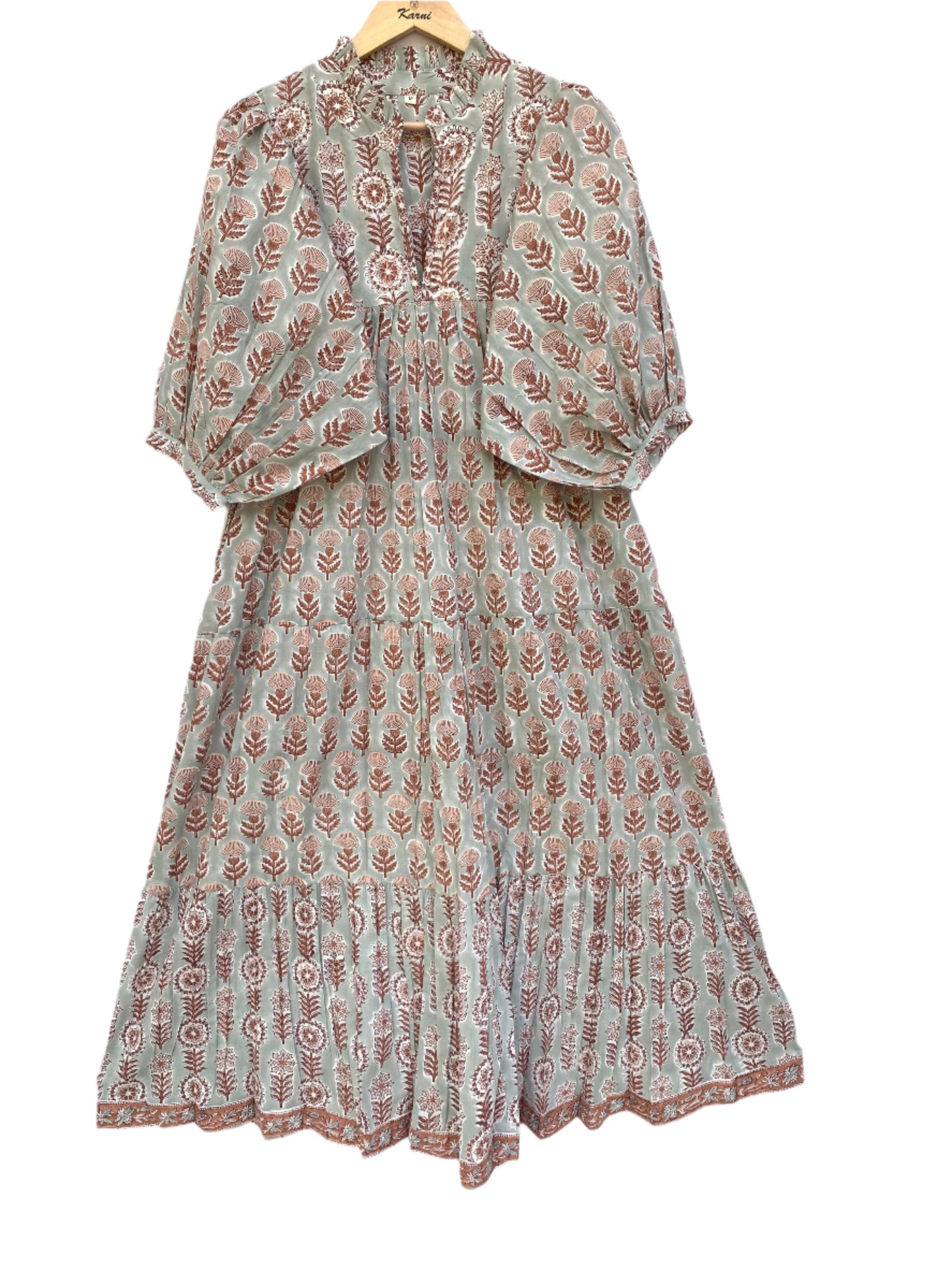 indian gray brown floral block printed women's maxi dress