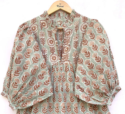 indian gray brown floral block printed women's maxi dress