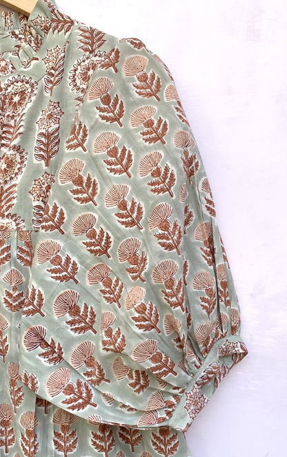 indian gray brown floral block printed women's maxi dress