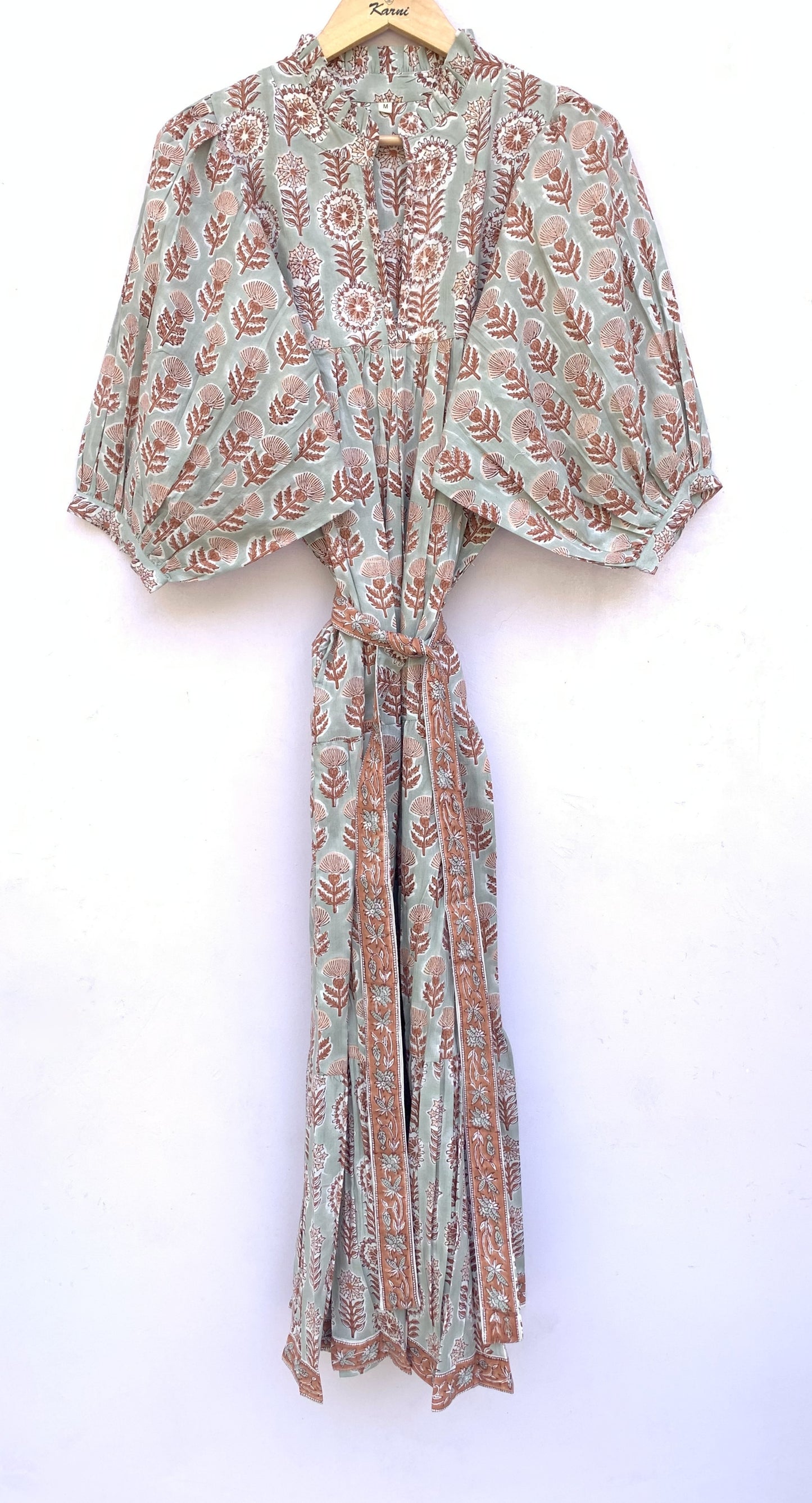 indian gray brown floral block printed women's maxi dress
