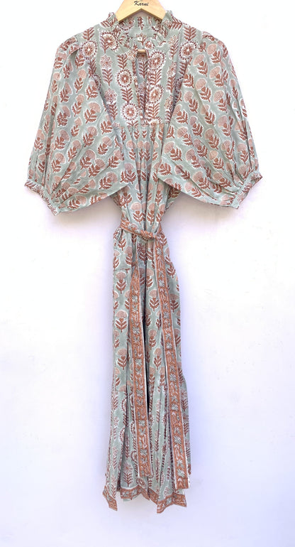 indian gray brown floral block printed women's maxi dress