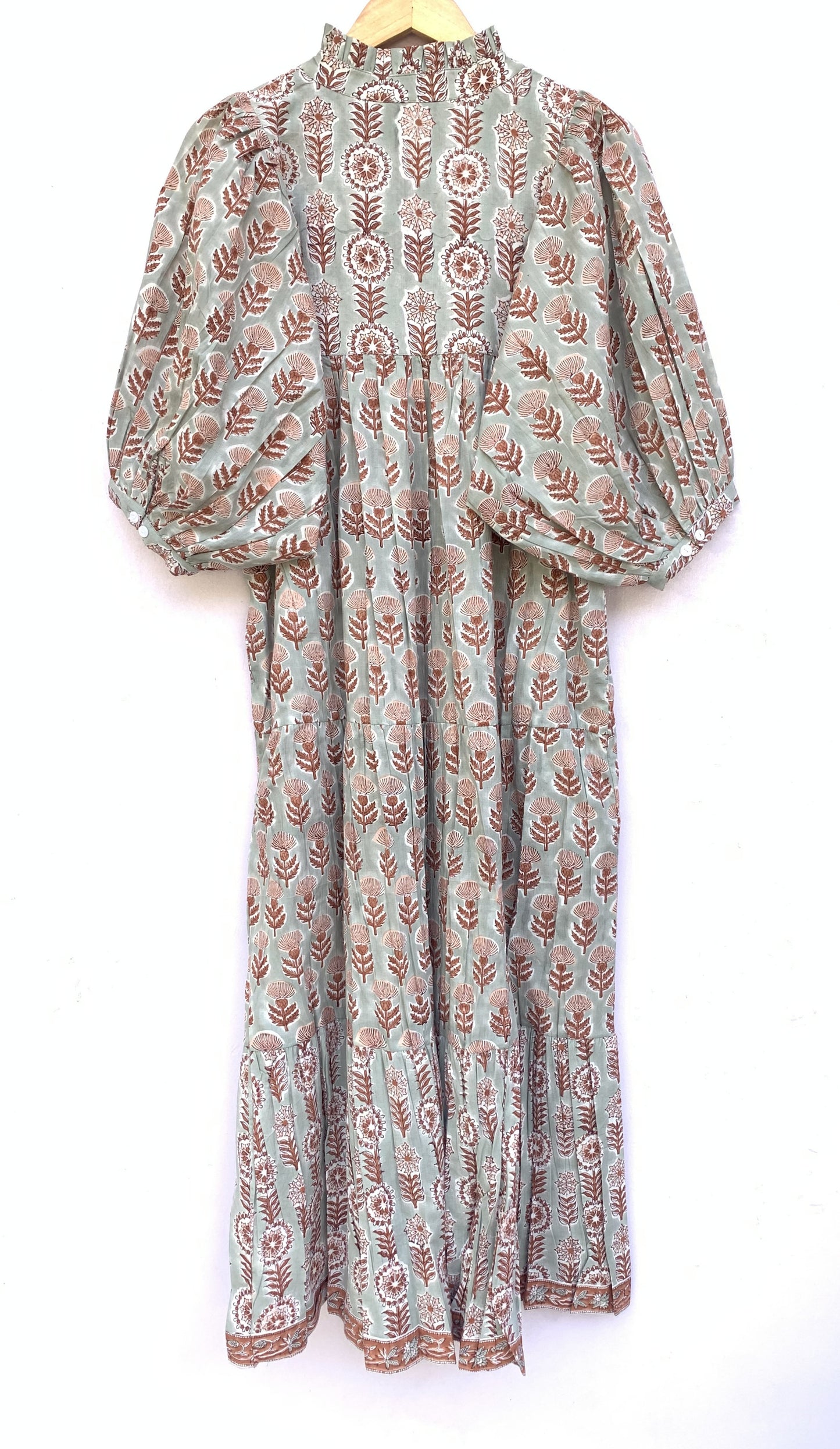 indian gray brown floral block printed women's maxi dress