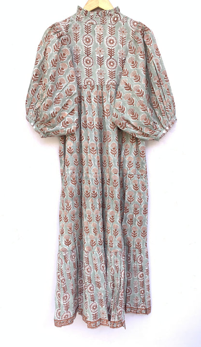indian gray brown floral block printed women's maxi dress