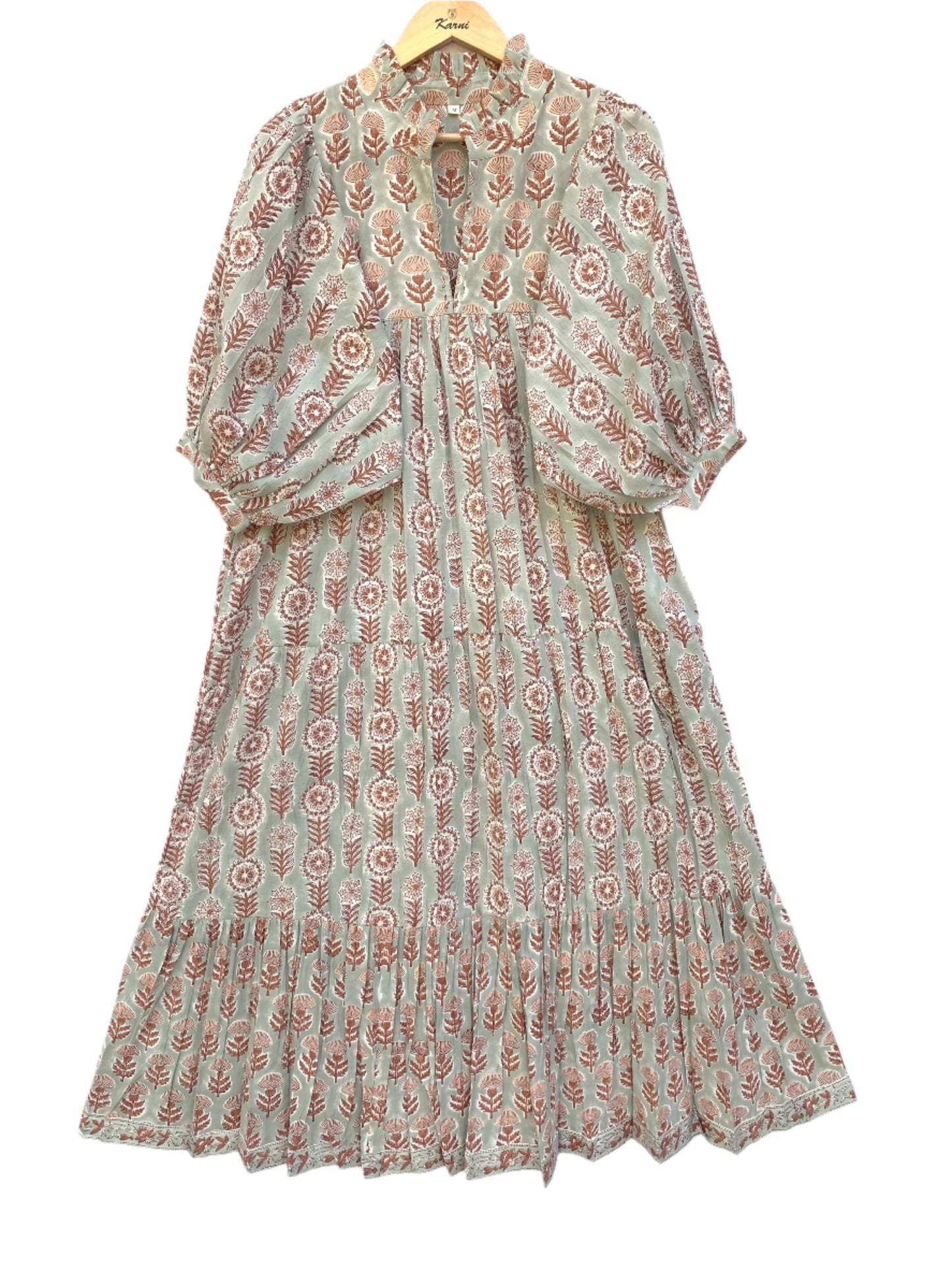 indian gray brown floral hand block printed women's maxi dress