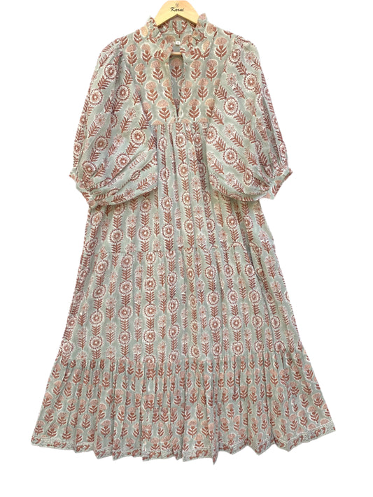 indian gray brown floral hand block printed women's maxi dress